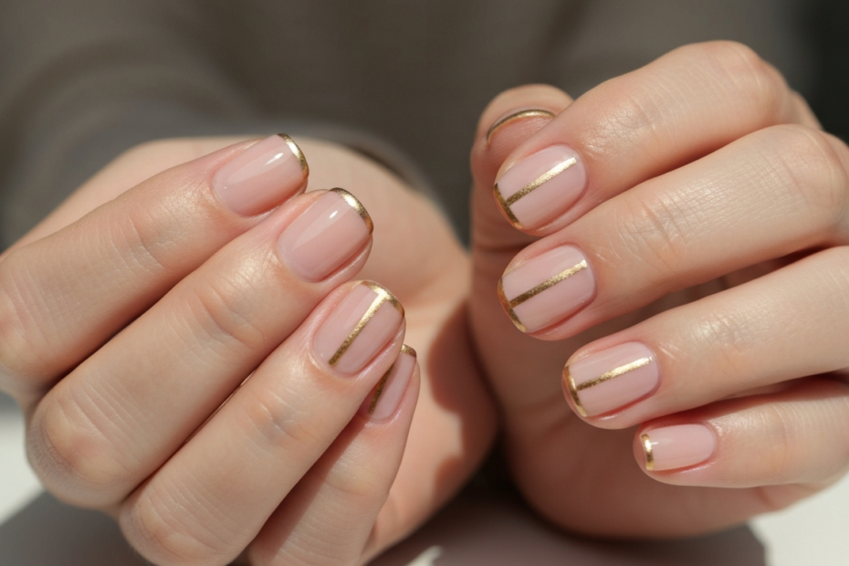 Photorealistic image of a woman's hands with a minimalist manicure: nude base with a thin gold line down the center of each nail. Soft natural lighting, clean background, focus on nails.