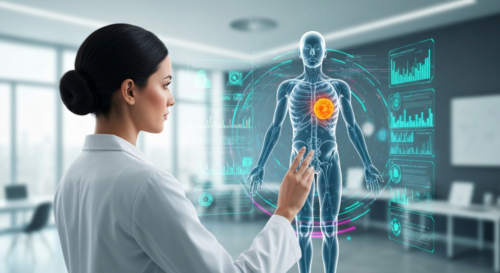 Photorealistic image of a doctor interacting with a holographic 3D model of a human body with a highlighted tumor, surrounded by data streams and digital interfaces, in a modern hospital setting, no t