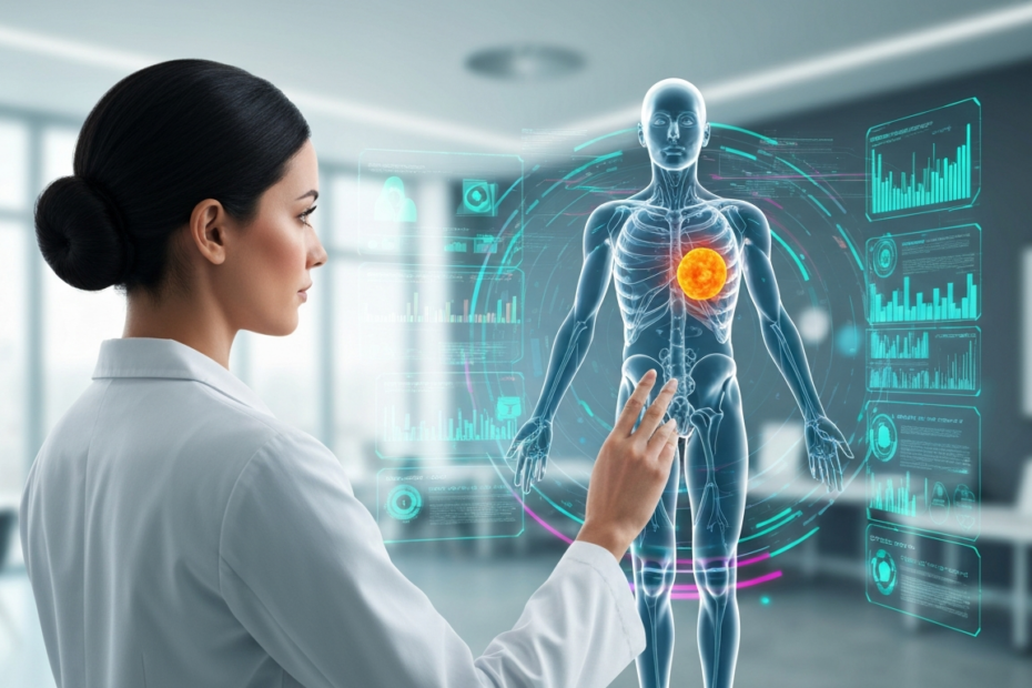 Photorealistic image of a doctor interacting with a holographic 3D model of a human body with a highlighted tumor, surrounded by data streams and digital interfaces, in a modern hospital setting, no t