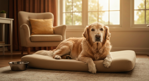 A photorealistic image of an elderly golden retriever lying comfortably on an orthopedic bed in a cozy living room, with a bowl of water nearby, soft natural lighting, no text or logos.