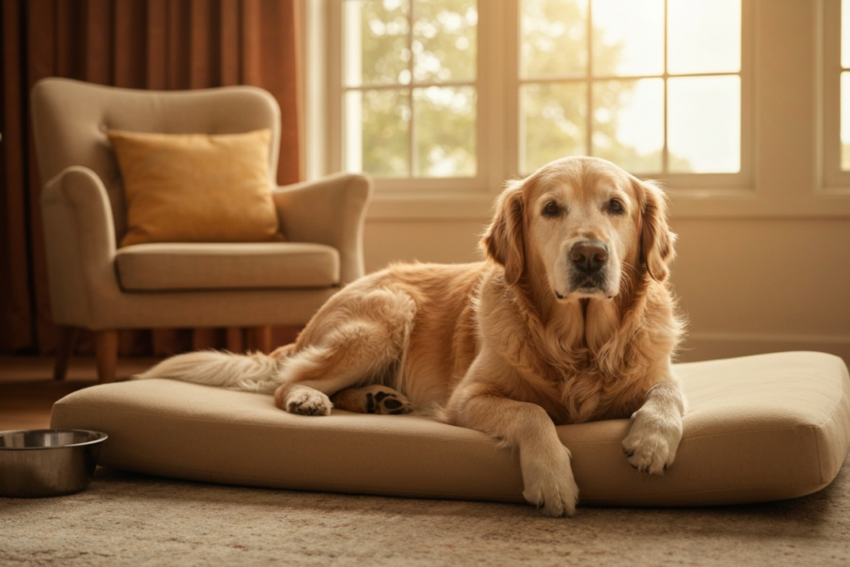 A photorealistic image of an elderly golden retriever lying comfortably on an orthopedic bed in a cozy living room, with a bowl of water nearby, soft natural lighting, no text or logos.