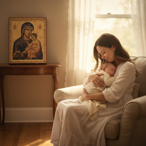 A serene, photorealistic image of a mother gently holding her child in a warm, softly lit room, evoking a sense of peace and maternal love, with a subtle religious icon in the background, no text or l