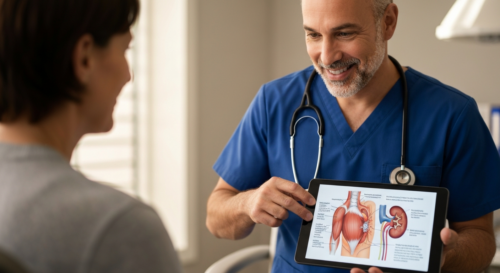 Photorealistic image of a medical professional explaining to a patient the risks of statins and rhabdomyolysis, with a diagram of muscle damage and kidney on a tablet. Clinical setting, warm lighting,