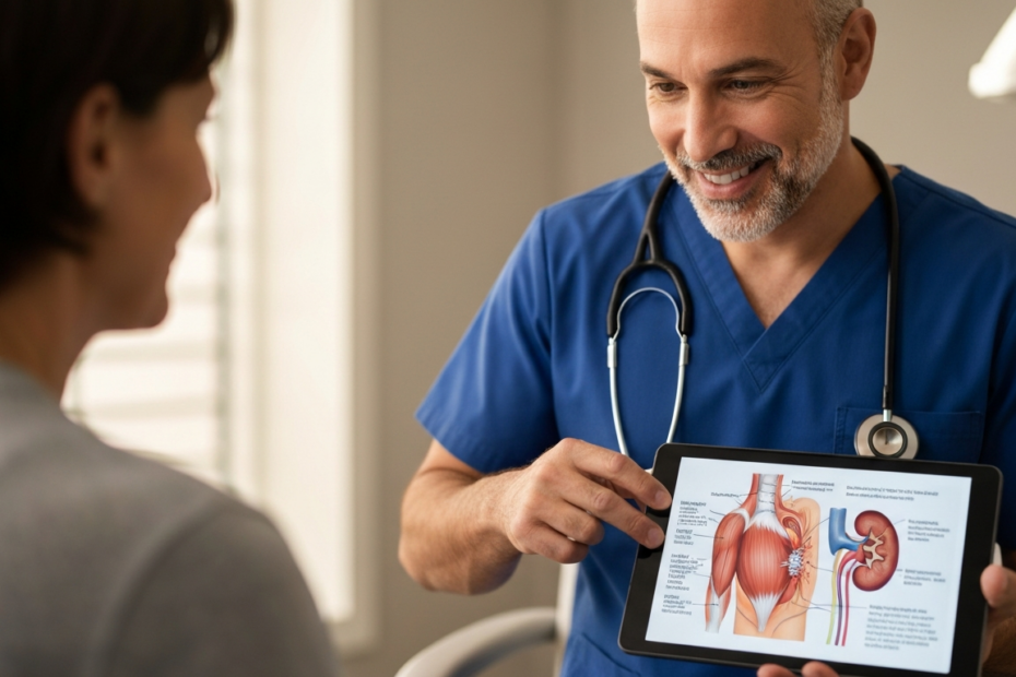 Photorealistic image of a medical professional explaining to a patient the risks of statins and rhabdomyolysis, with a diagram of muscle damage and kidney on a tablet. Clinical setting, warm lighting,