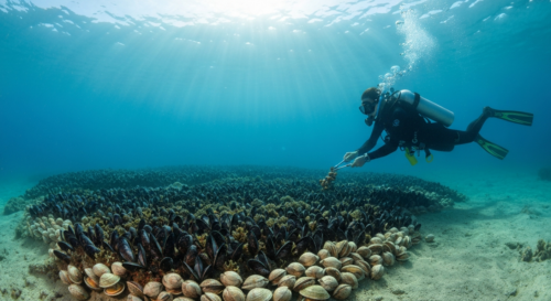 Photorealistic underwater scene in the Mediterranean Sea near Andalusia, showing a dense bed of mussels and clams on a sandy seabed with clear blue water, sunlight rays filtering through, and a diver