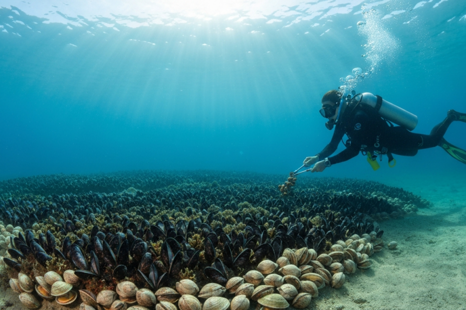 Photorealistic underwater scene in the Mediterranean Sea near Andalusia, showing a dense bed of mussels and clams on a sandy seabed with clear blue water, sunlight rays filtering through, and a diver