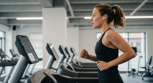 A photorealistic image of a person running on a treadmill in a modern gym, wearing wireless earbuds, with a smartphone displaying a music playlist on the console. The background shows other gym equipm