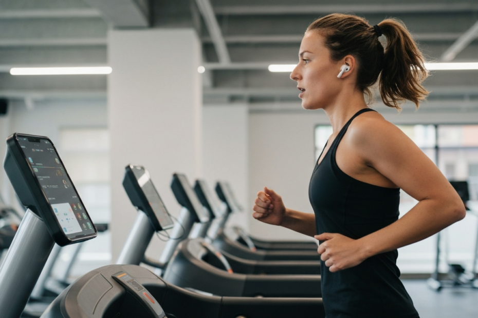A photorealistic image of a person running on a treadmill in a modern gym, wearing wireless earbuds, with a smartphone displaying a music playlist on the console. The background shows other gym equipm