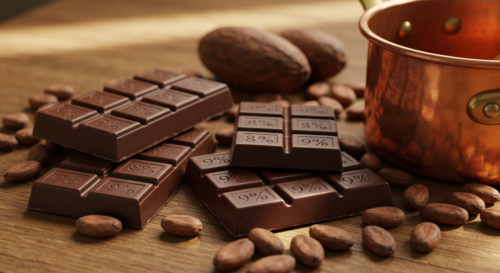 A close-up of artisan chocolate bars with different cocoa percentages (70%, 85%, 99%) on a rustic wooden table, surrounded by cocoa beans and a copper pot. Soft natural lighting, photorealistic, no te