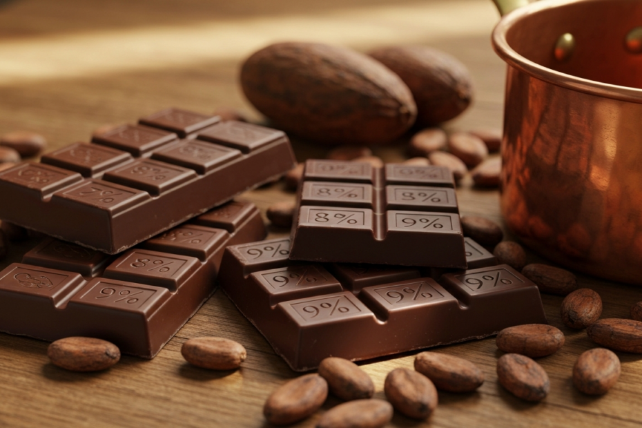 A close-up of artisan chocolate bars with different cocoa percentages (70%, 85%, 99%) on a rustic wooden table, surrounded by cocoa beans and a copper pot. Soft natural lighting, photorealistic, no te