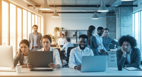 Photo-realistic image of a diverse group of office workers in a modern, bright workspace, some looking stressed with furrowed brows and tense postures, while others are collaborating calmly, with a sp