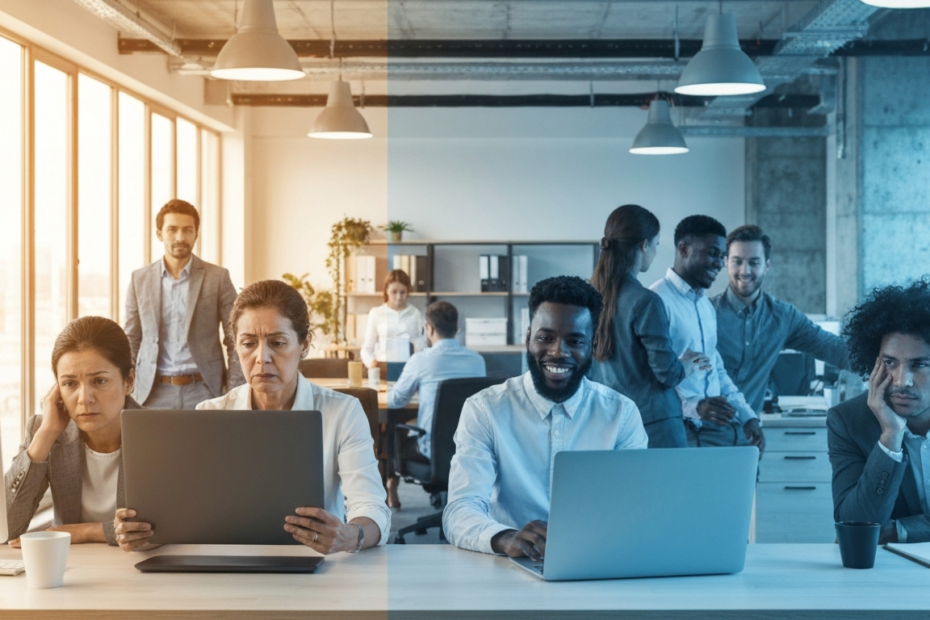 Photo-realistic image of a diverse group of office workers in a modern, bright workspace, some looking stressed with furrowed brows and tense postures, while others are collaborating calmly, with a sp