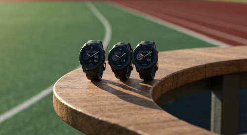 Photorealistic image of three Garmin Forerunner watches (165, 570, 970) displayed on a wooden table with a running track in the background, soft natural lighting, high detail, no text or logos.