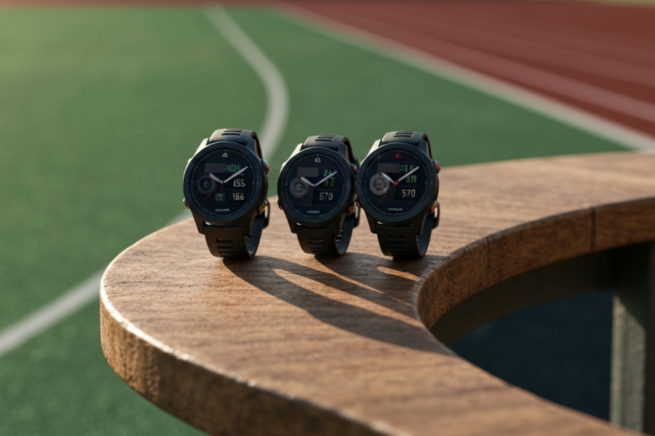 Photorealistic image of three Garmin Forerunner watches (165, 570, 970) displayed on a wooden table with a running track in the background, soft natural lighting, high detail, no text or logos.