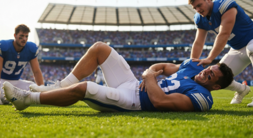 Photorealistic image of a football player lying on the grass holding his hamstring in pain, with a stadium background and teammates nearby, high detail, natural lighting, 8K