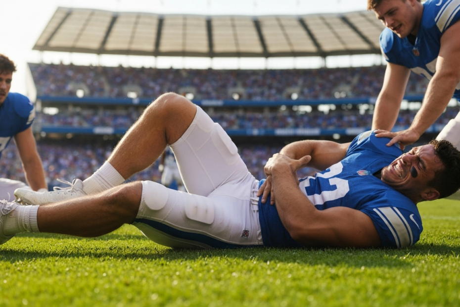 Photorealistic image of a football player lying on the grass holding his hamstring in pain, with a stadium background and teammates nearby, high detail, natural lighting, 8K