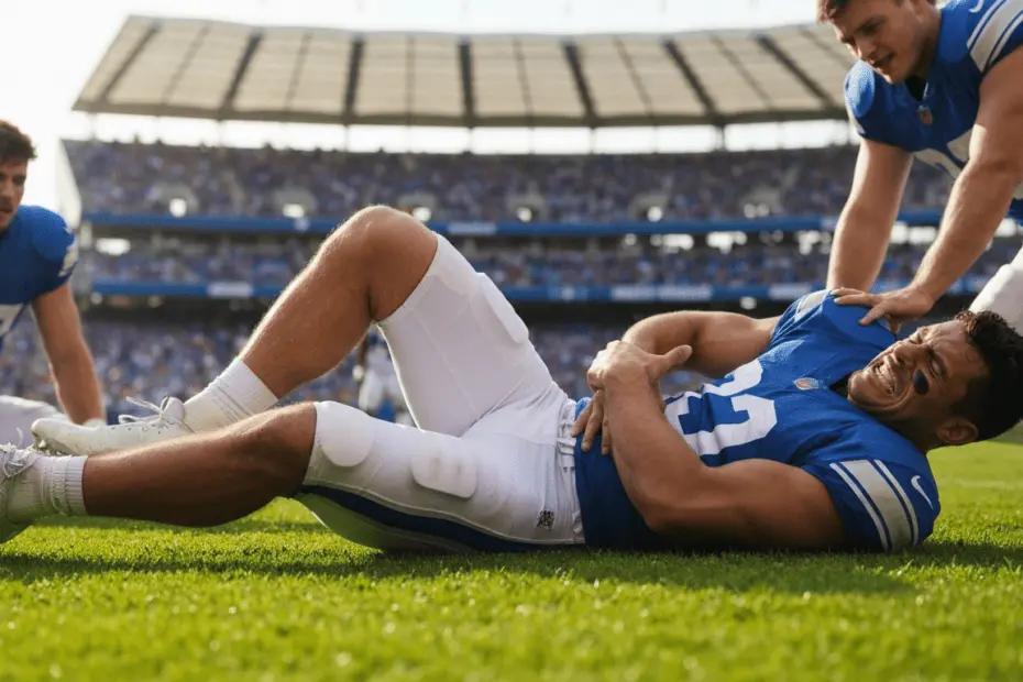 Lesiones en el fútbol: prevención y recuperación para deportistas 1 Photorealistic image of a football player lying on the grass holding his hamstring in pain, with a stadium background and teammates nearby, high detail, natural lighting, 8K