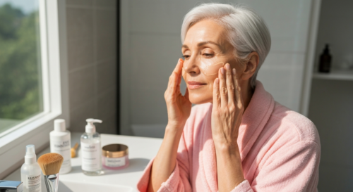 Photorealistic image of a woman over 50 applying a serum to her face with gentle circular motions, soft natural lighting, glowing skin, bathroom setting with skincare products on counter.