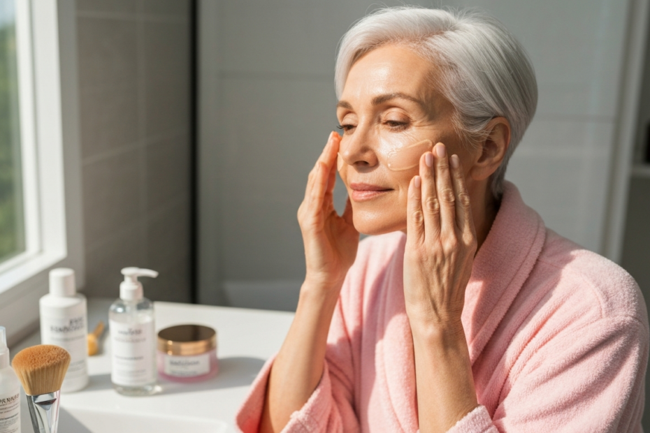 Photorealistic image of a woman over 50 applying a serum to her face with gentle circular motions, soft natural lighting, glowing skin, bathroom setting with skincare products on counter.