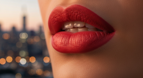 A photorealistic close-up of a woman's lips with bold red lipstick, perfectly applied, with a soft focus background of a city skyline at dusk. The lighting is warm and golden, highlighting the texture