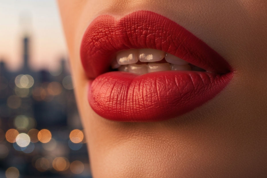 A photorealistic close-up of a woman's lips with bold red lipstick, perfectly applied, with a soft focus background of a city skyline at dusk. The lighting is warm and golden, highlighting the texture