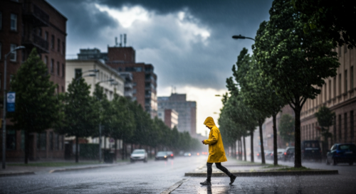 A photorealistic image of a stormy day with strong wind bending trees and rain falling, a person in a yellow raincoat walking carefully on a wet street, blurred background of urban buildings, dramatic