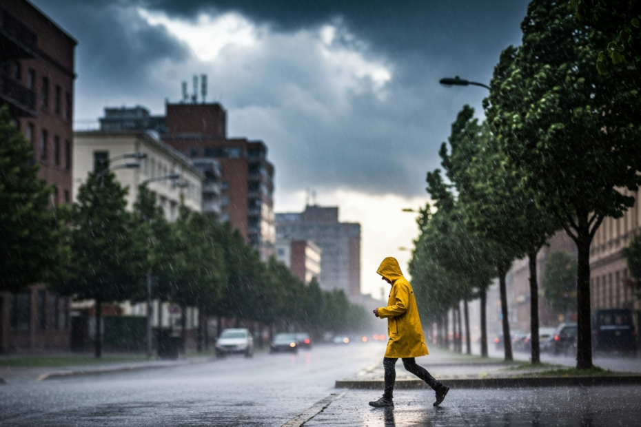 A photorealistic image of a stormy day with strong wind bending trees and rain falling, a person in a yellow raincoat walking carefully on a wet street, blurred background of urban buildings, dramatic