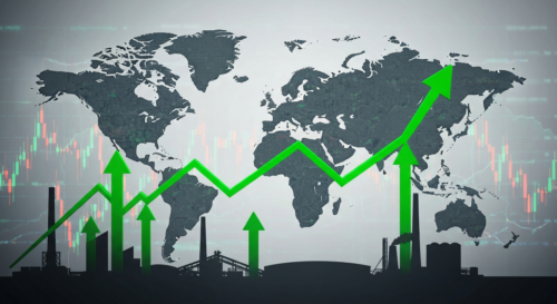 A photorealistic image of a world map with glowing green upward arrows indicating economic growth, with a subtle background of stock market charts and industrial silhouettes.