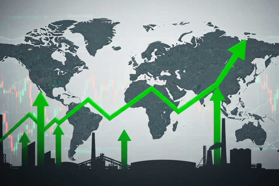 A photorealistic image of a world map with glowing green upward arrows indicating economic growth, with a subtle background of stock market charts and industrial silhouettes.