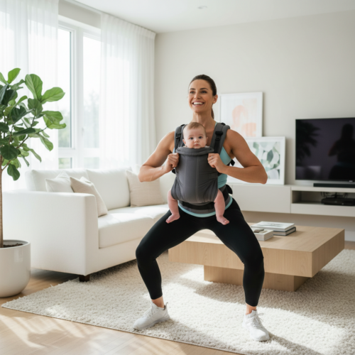 A fit mother wearing a baby carrier doing squats in a bright, modern living room with natural light. She has a joyful expression, and the baby is calm and secure in the carrier. Realistic photography