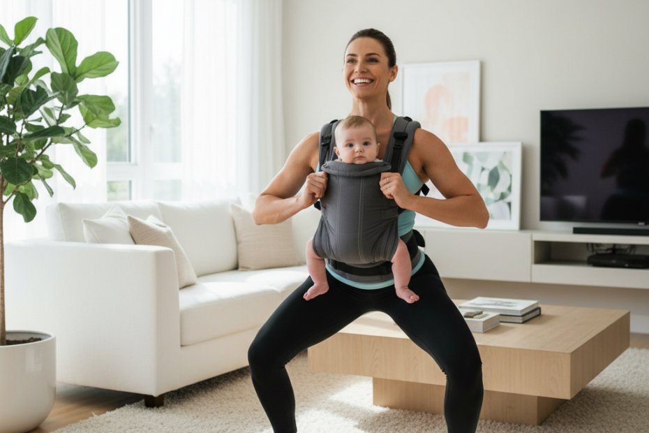 A fit mother wearing a baby carrier doing squats in a bright, modern living room with natural light. She has a joyful expression, and the baby is calm and secure in the carrier. Realistic photography
