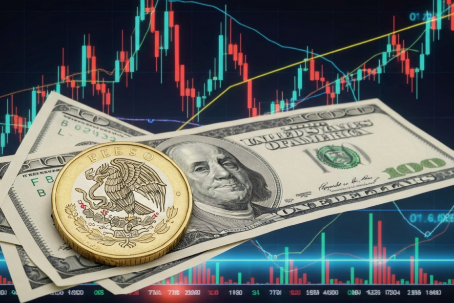A hyper-realistic image of the Mexican peso coin and US dollar bills on a financial chart background, with glowing lines indicating volatility. No text or logos.