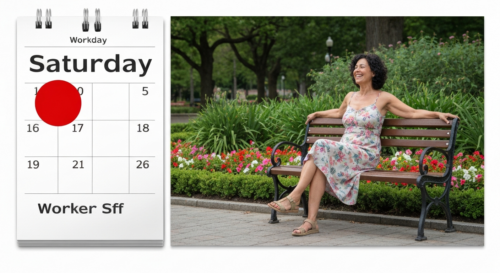 A photorealistic image of a calendar showing a Saturday marked as a holiday, with a red circle around it, and a worker enjoying a day off in a park, smiling and relaxing on a bench.