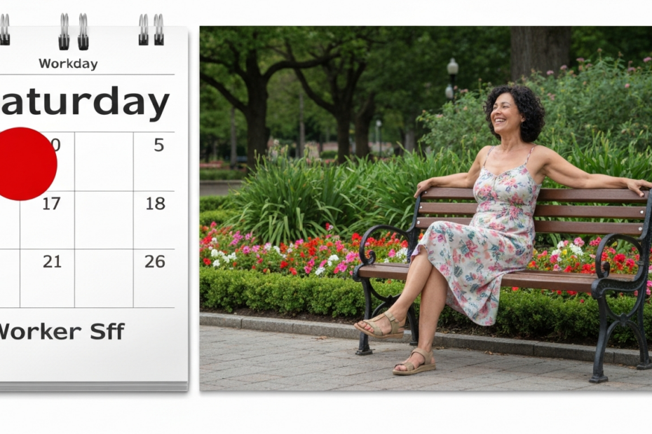 A photorealistic image of a calendar showing a Saturday marked as a holiday, with a red circle around it, and a worker enjoying a day off in a park, smiling and relaxing on a bench.