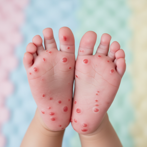 Photorealistic image of a child's hands and feet with red blisters and sores, typical of hand-foot-and-mouth disease, on a soft pastel background, no text or logos.