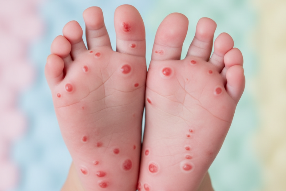 Photorealistic image of a child's hands and feet with red blisters and sores, typical of hand-foot-and-mouth disease, on a soft pastel background, no text or logos.
