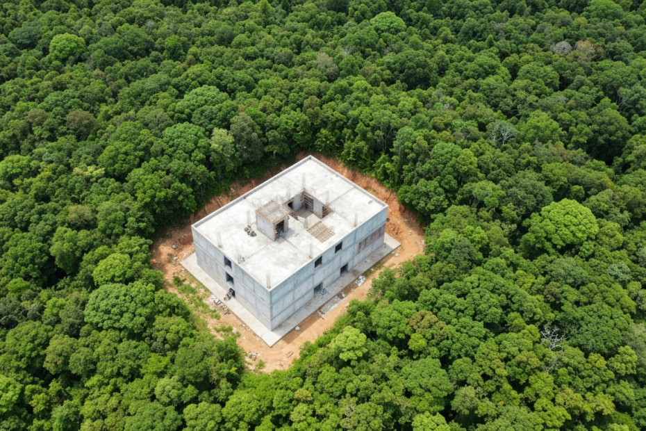 Aerial view of an illegal construction in a protected natural area, with a stark contrast between the building and the surrounding green landscape, photorealistic, high detail, environmental impact th