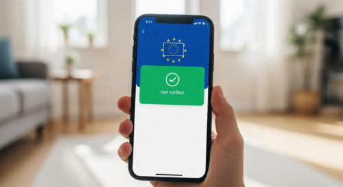 A photorealistic image of a smartphone screen displaying a European Union age verification app interface, with a child's hand holding the phone, in a bright living room with soft natural lighting. The