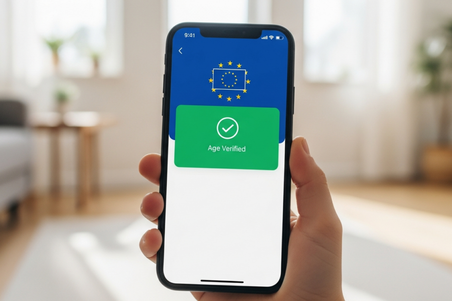 A photorealistic image of a smartphone screen displaying a European Union age verification app interface, with a child's hand holding the phone, in a bright living room with soft natural lighting. The