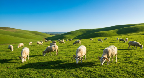 A photorealistic image of a flock of Castellana sheep grazing on a green pasture in Castile and León, Spain, with a clear blue sky and rolling hills in the background. The sheep have white wool and d