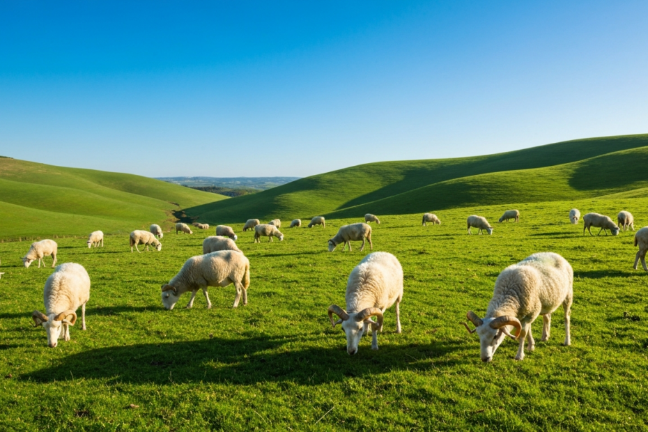 A photorealistic image of a flock of Castellana sheep grazing on a green pasture in Castile and León, Spain, with a clear blue sky and rolling hills in the background. The sheep have white wool and d