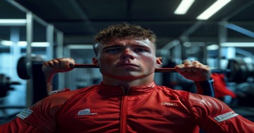 A photorealistic image of Max Verstappen in a gym, wearing a red racing suit, performing a neck strengthening exercise with a resistance band. Sweat on his forehead, focused expression. Modern gym bac
