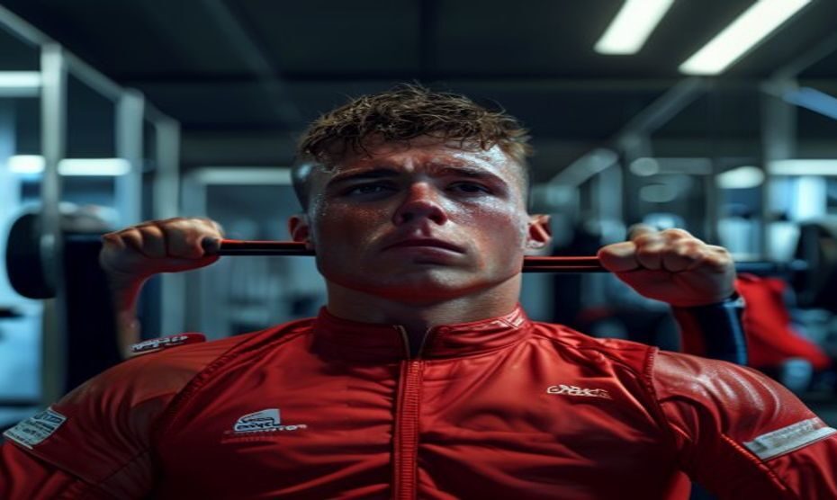 A photorealistic image of Max Verstappen in a gym, wearing a red racing suit, performing a neck strengthening exercise with a resistance band. Sweat on his forehead, focused expression. Modern gym bac