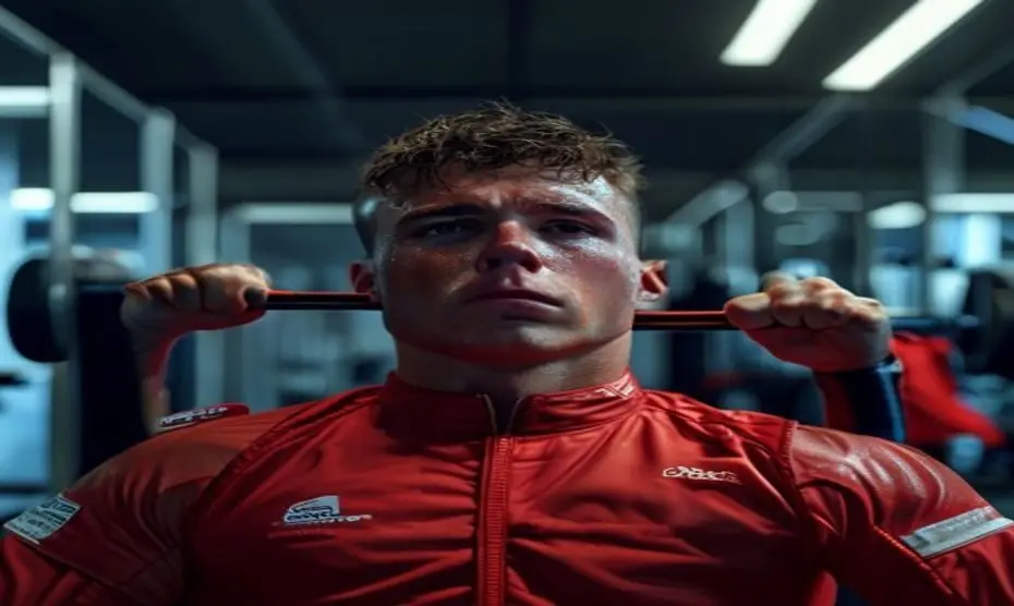 Entrenamiento de pilotos F1: claves de Max Verstappen 1 A photorealistic image of Max Verstappen in a gym, wearing a red racing suit, performing a neck strengthening exercise with a resistance band. Sweat on his forehead, focused expression. Modern gym bac