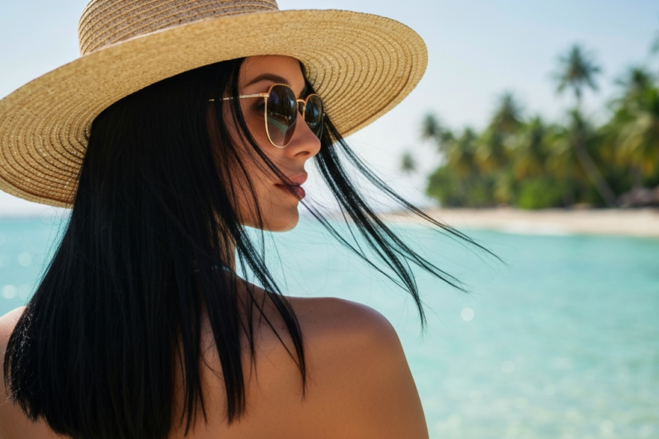 A photorealistic image of a woman with healthy, shiny hair standing on a tropical beach, wearing a wide-brimmed hat and sunglasses, with a gentle breeze blowing her hair. The background shows turquois