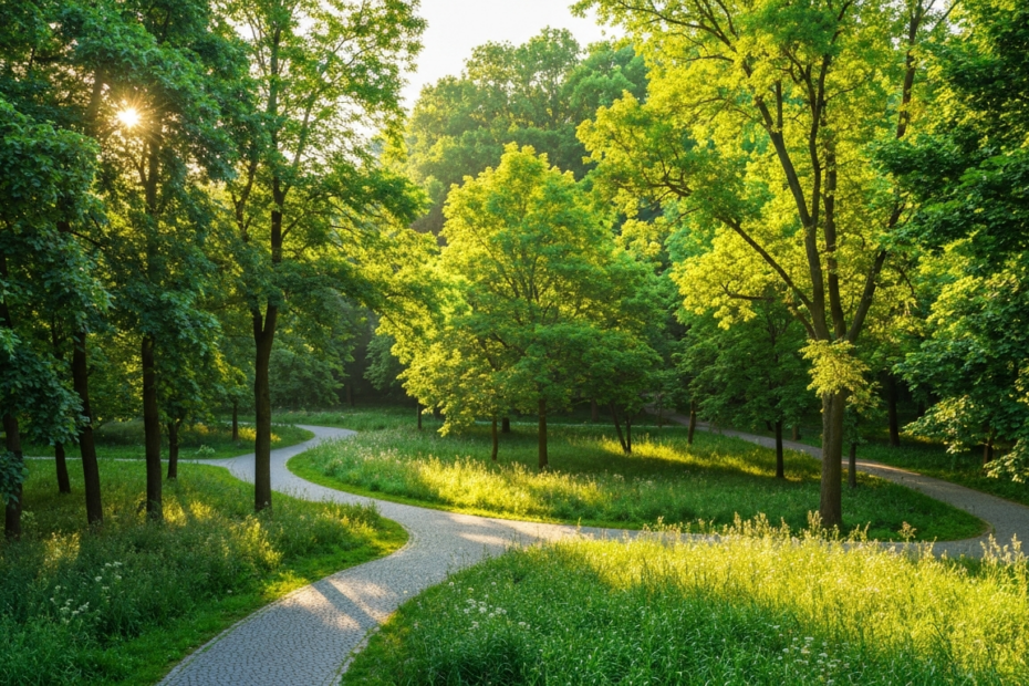 Photorealistic wide-angle view of a lush green park with dense trees, sunlight filtering through leaves, and a walking path. No text or logos. High detail, vibrant colors.