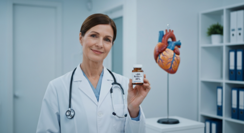 A photorealistic image of a doctor holding a pill bottle labeled 'LDL Reducer 50%' in a modern clinic, with a heart model in the background. No text on the bottle except the label.