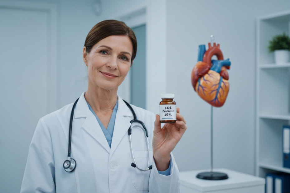 A photorealistic image of a doctor holding a pill bottle labeled 'LDL Reducer 50%' in a modern clinic, with a heart model in the background. No text on the bottle except the label.