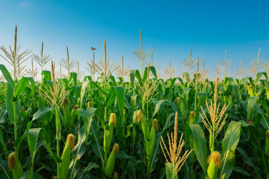 A photorealistic image of a lush green field of genetically modified maize with a clear blue sky, showing healthy plants with full cobs, symbolizing high yield and resistance to drought.
