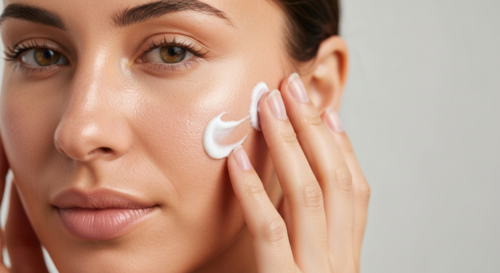 Photorealistic close-up of a woman's face with healthy, glowing skin, applying a moisturizer with clean hands. Soft natural lighting, focus on skin texture, no logos or text.